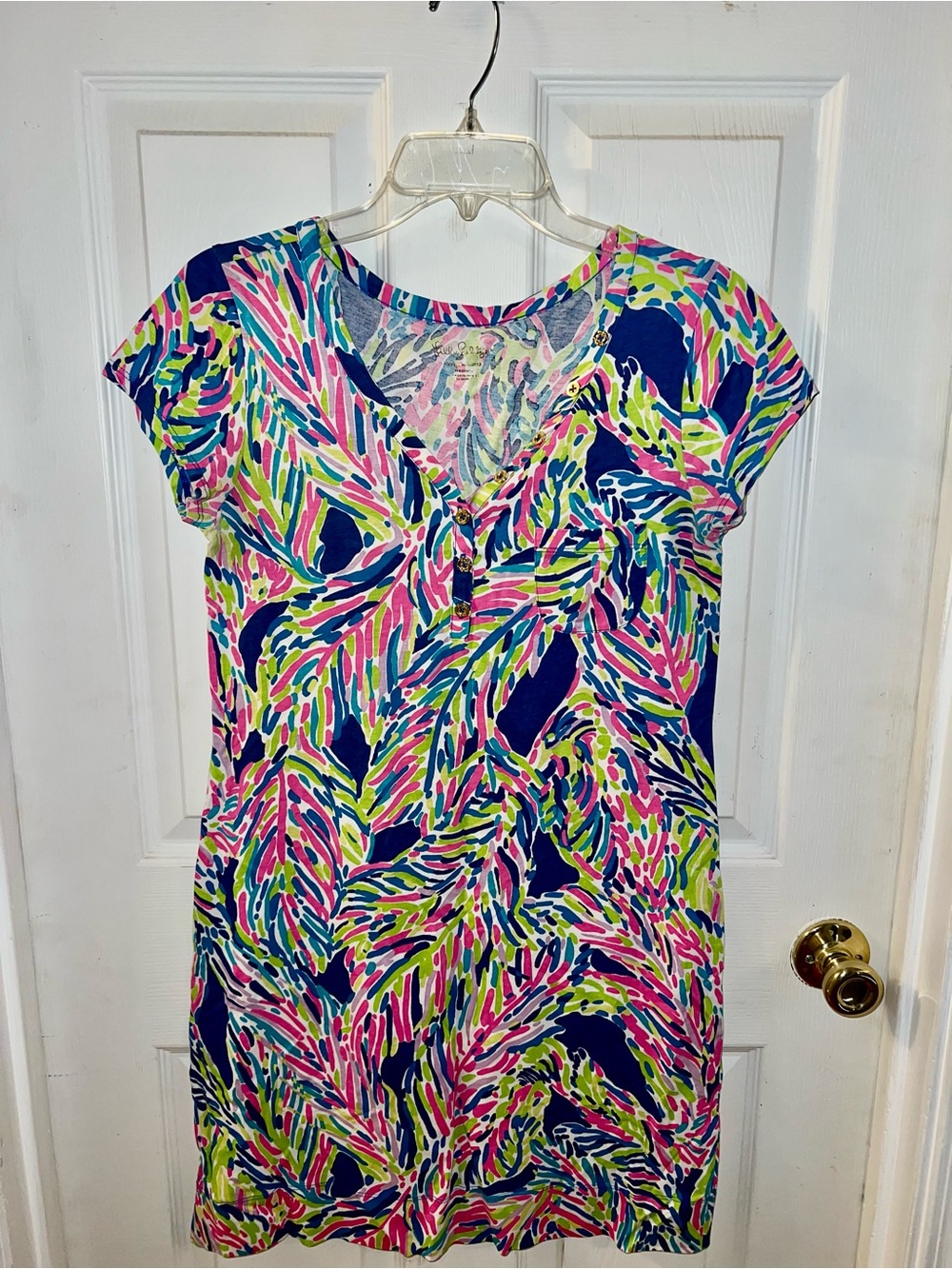 Lilly Pulitzer Palmetto Pima Cotton Henley Dress Size Medium - Pink/Green Palm